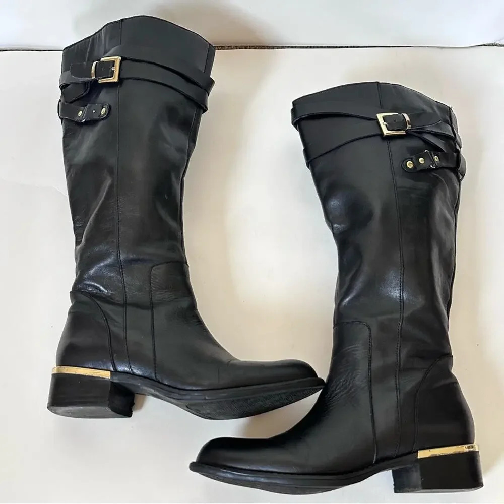 Franco Sarto Celeste Leather Knee High Boots Womens Size 6 M-W/C Black Gold